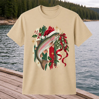 Christmas Santa Hat Rainbow Trout Fishing Graphic T-Shirt