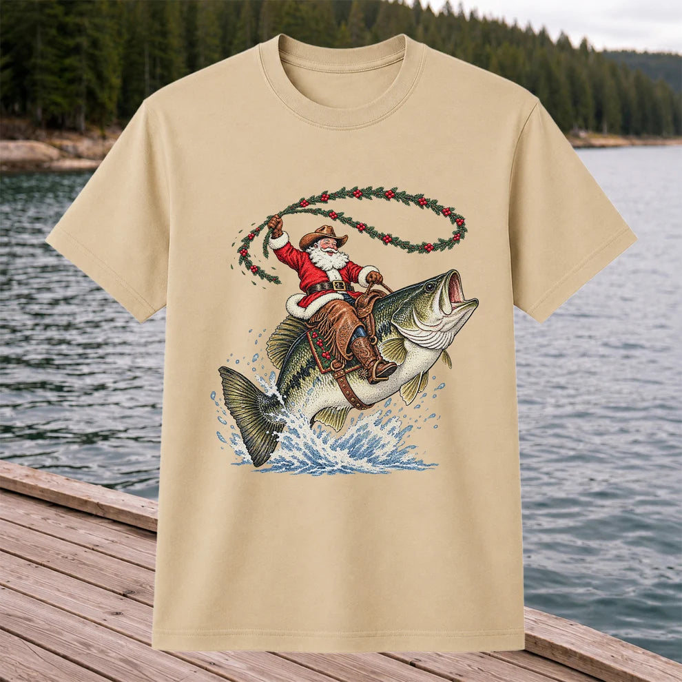 Cowboy Santa Riding a Jumping Bass Christmas Fishing Graphic T-Shirt
