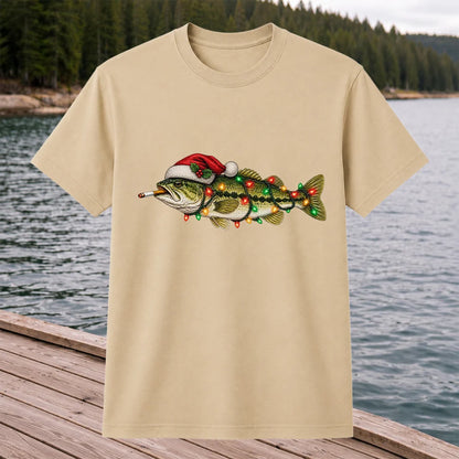 Christmas Bass Fishing Lights and Santa Hat Graphic T-Shirt