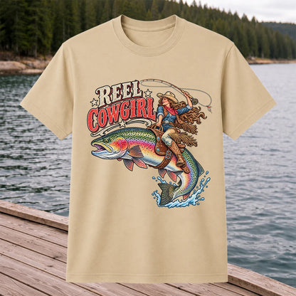 Reel Cowgirl Riding a Rainbow Trout Fly Fishing T-Shirt