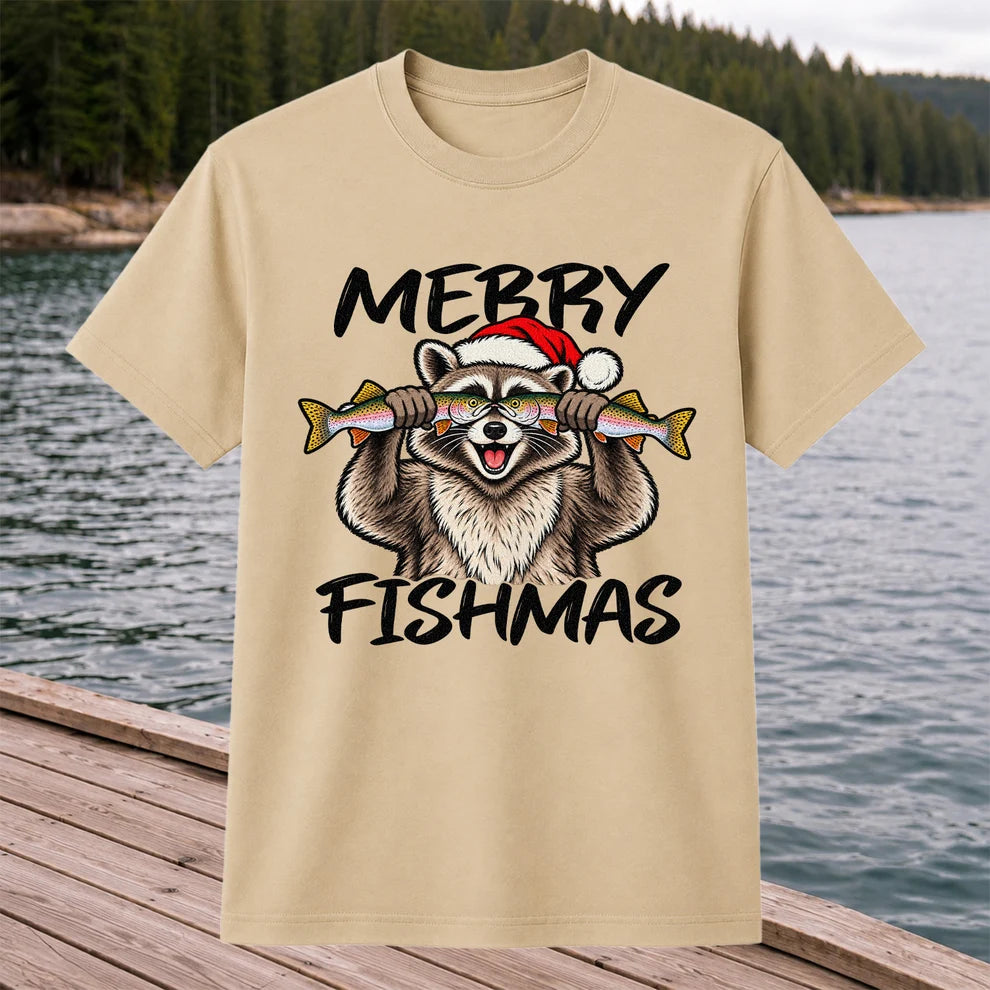 Merry Fishmas Raccoon Rainbow Trout Christmas Fishing T-Shirt