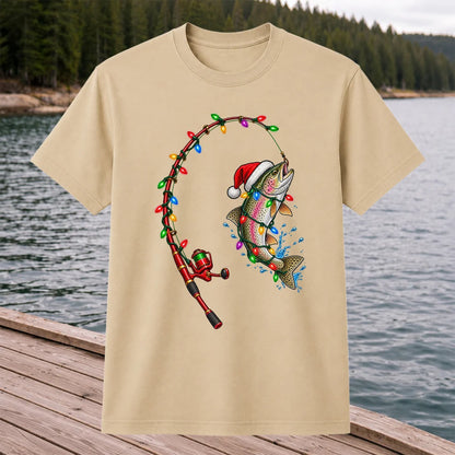 Christmas Rainbow Trout with Santa Hat and Lights Fishing T-Shirt