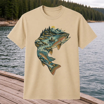 Vintage Brown Trout Mountain River Fly Fishing Graphic T-Shirt