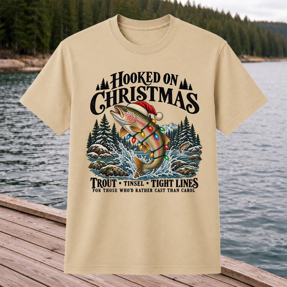 Hooked on Christmas Rainbow Trout Fishing Graphic T-Shirt