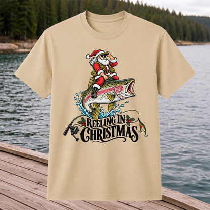 Reeling in Christmas Santa Rainbow Trout Fishing T-Shirt