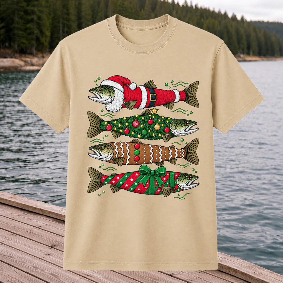 Christmas Trout Santa Tree and Gift Wrap Fishing T-Shirt