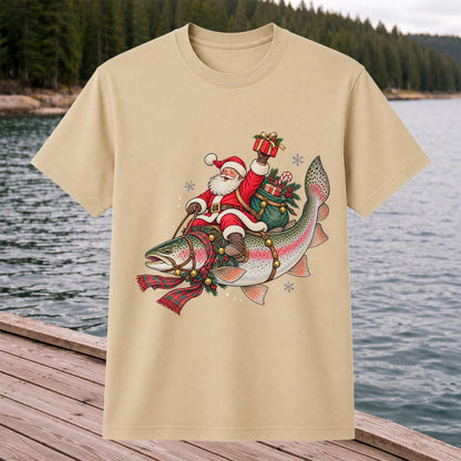 Santa Riding a Festive Rainbow Trout Christmas Fishing Graphic T-Shirt