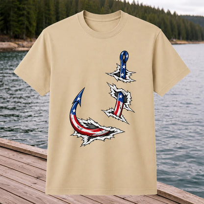 Patriotic American Flag Fishing Hooks Graphic T-Shirt