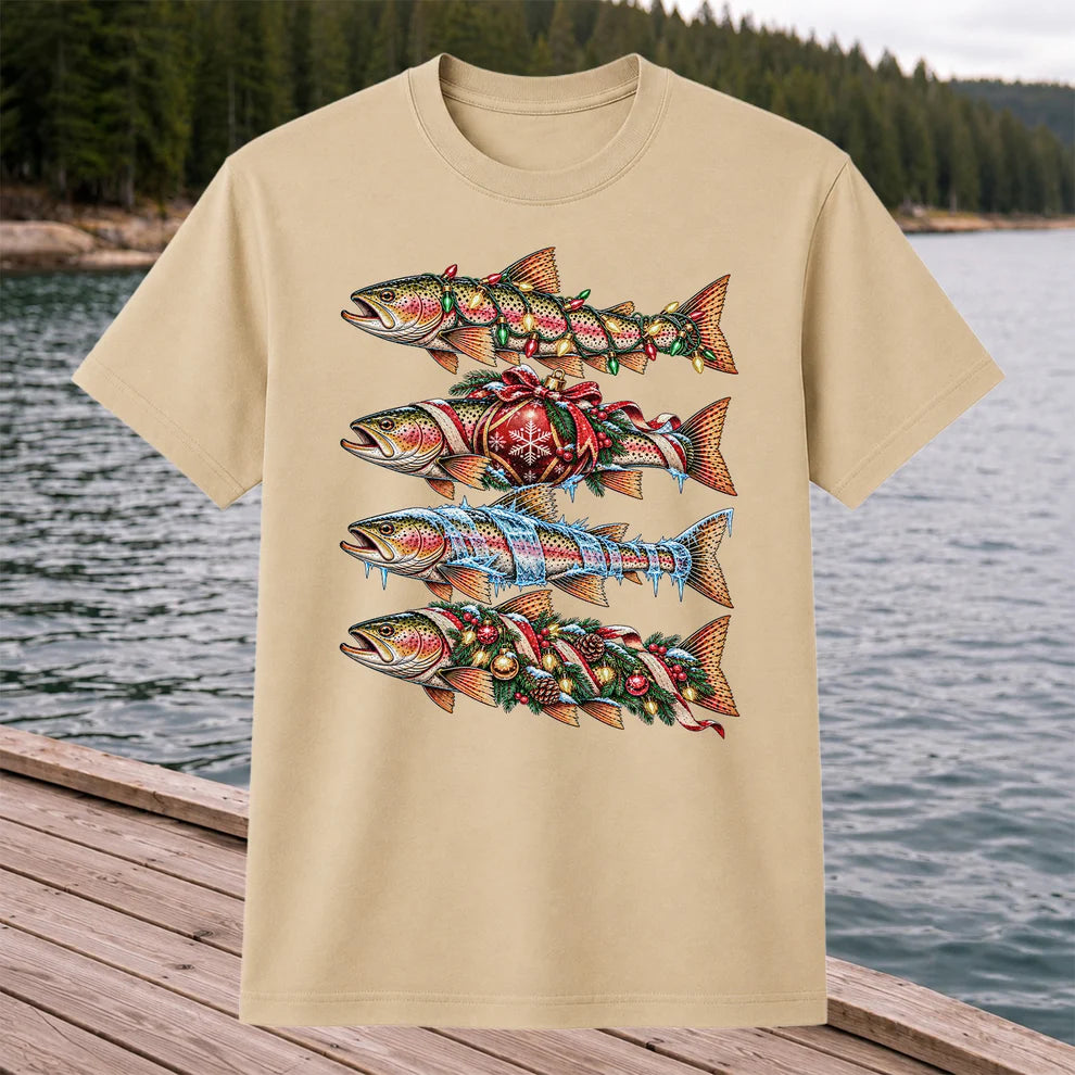 Christmas Rainbow Trout with Holiday Lights Fishing Graphic T-Shirt