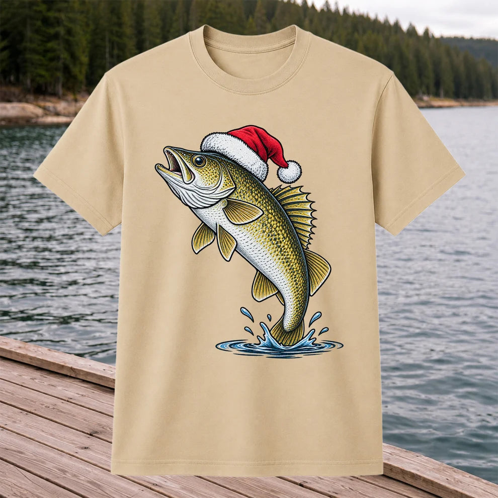 Santa Hat Walleye Christmas Fishing Graphic T-Shirt