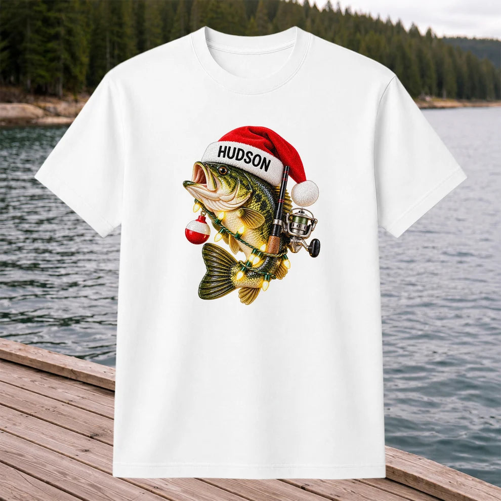 Hudson Santa Hat Bass Christmas Fishing Graphic T-Shirt