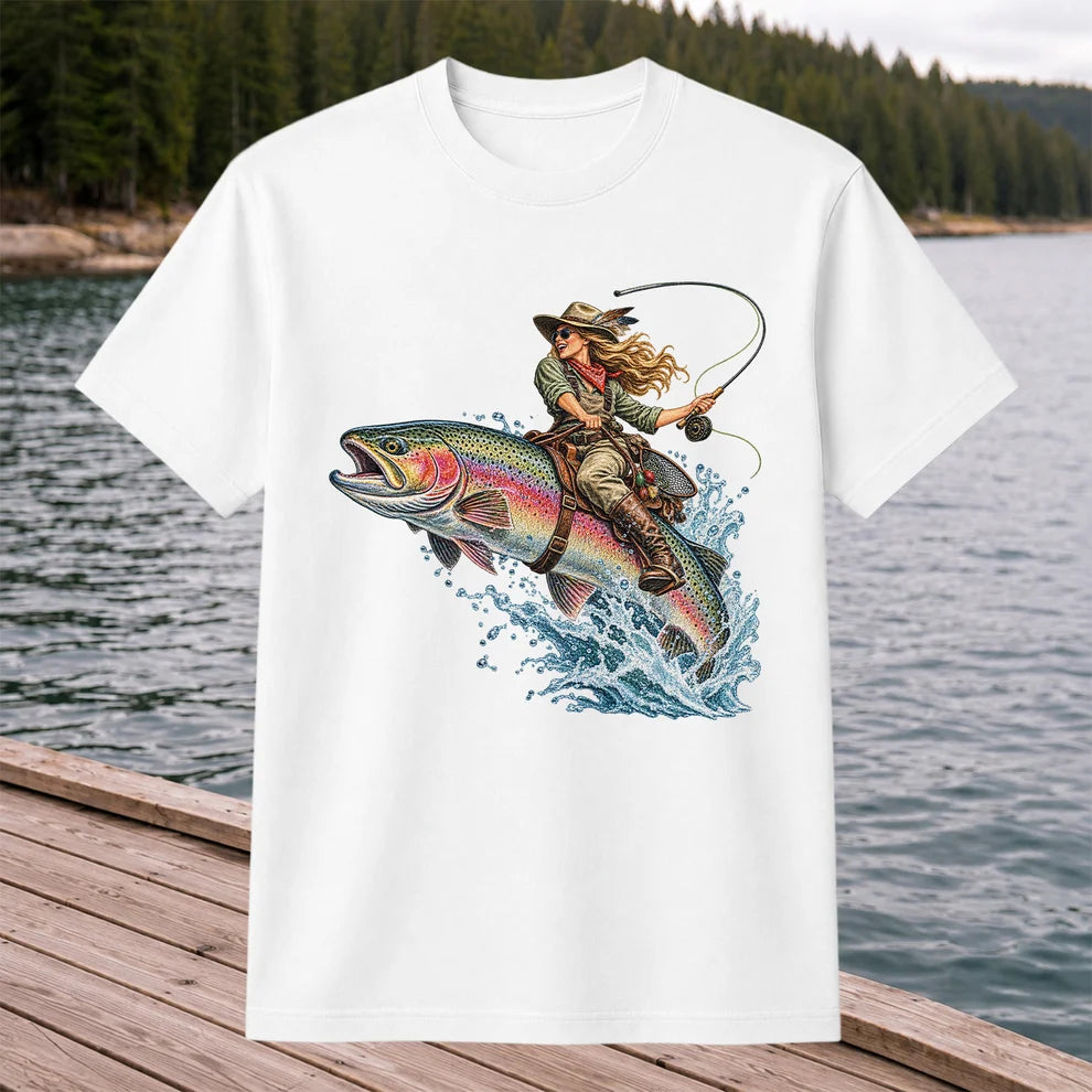 Cowgirl Riding a Rainbow Trout Fly Fishing Graphic T-Shirt
