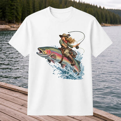 Cowgirl Riding a Rainbow Trout Fly Fishing Graphic T-Shirt