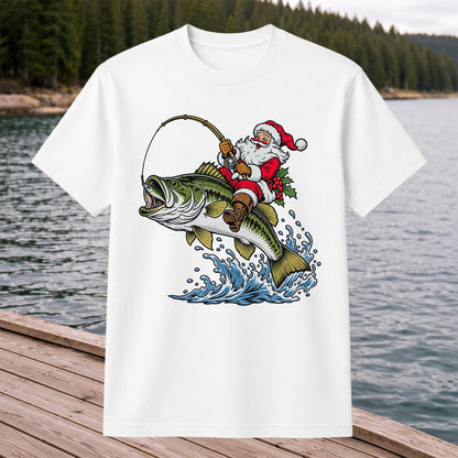 Santa Claus Riding a Bass Christmas Fishing Graphic T-Shirt