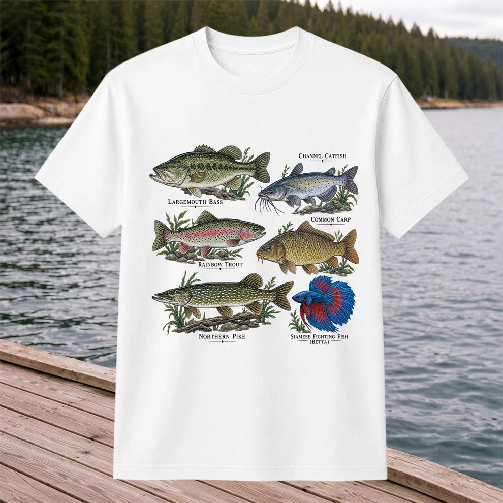 Bass Trout Catfish Carp Pike and Betta Freshwater Fish Graphic T-Shirt