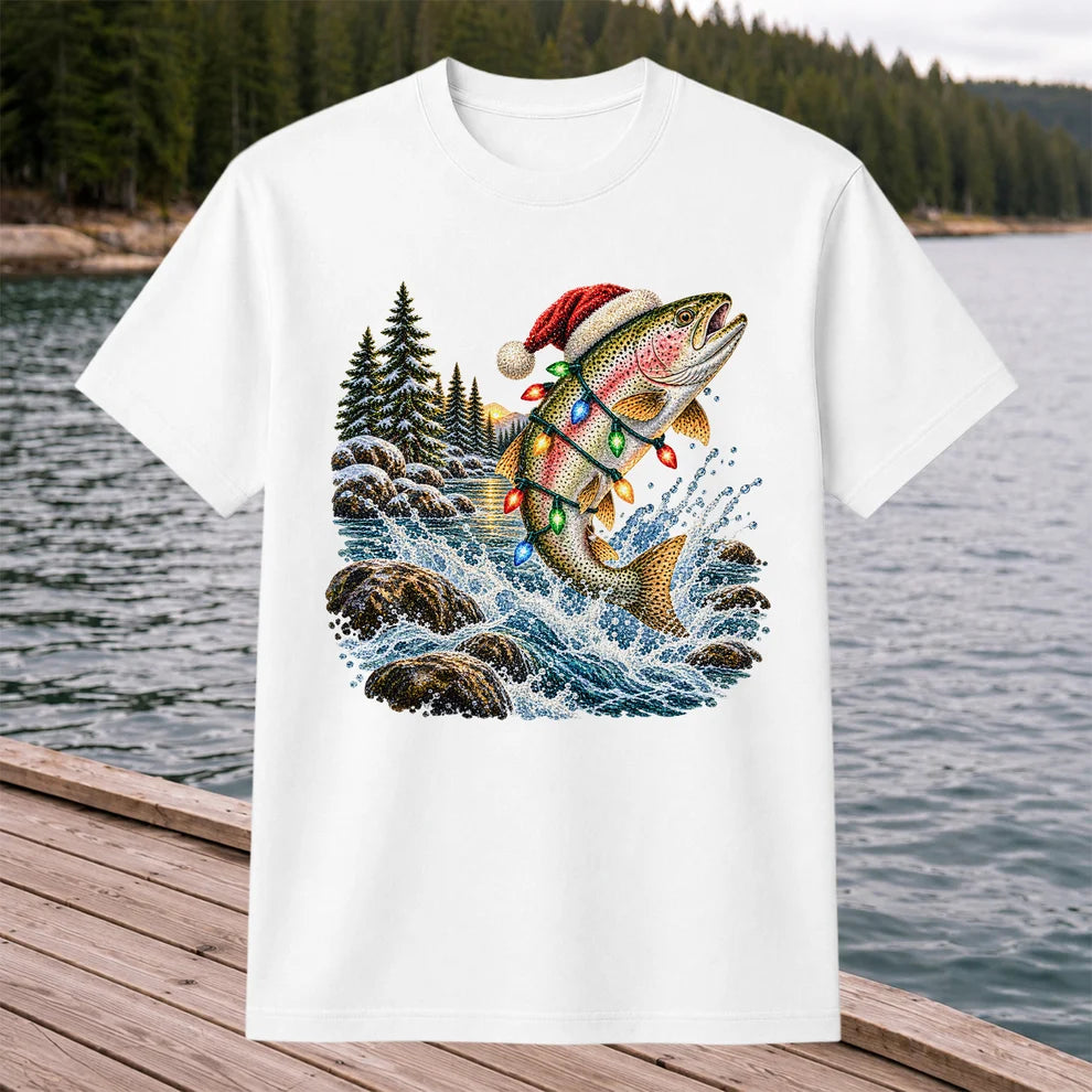 Santa Hat Rainbow Trout Christmas Fishing Graphic T-Shirt