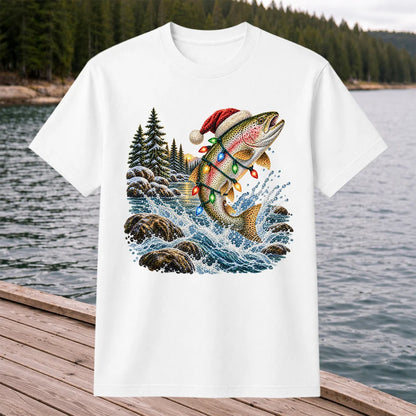 Santa Hat Rainbow Trout Christmas Fishing Graphic T-Shirt