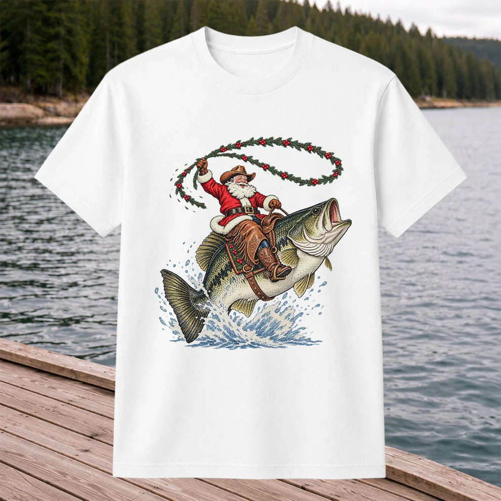 Cowboy Santa Riding a Jumping Bass Christmas Fishing Graphic T-Shirt
