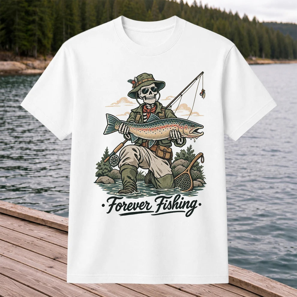 Forever Fishing Skeleton Angler with Rainbow Trout Graphic T-Shirt