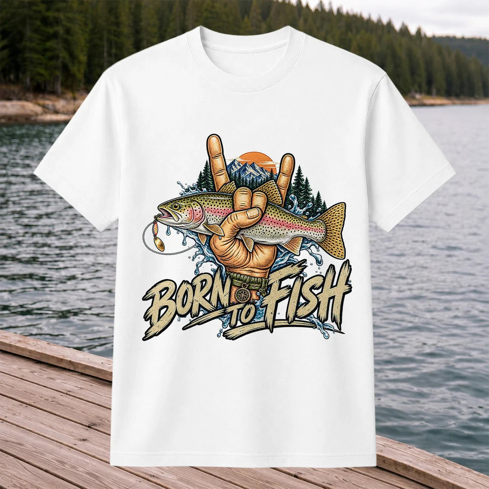 Born to Fish Rainbow Trout Rock Hand Sign Fishing T-Shirt
