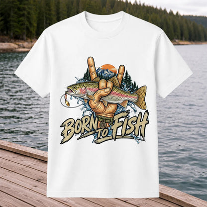 Born to Fish Rainbow Trout Rock Hand Sign Fishing T-Shirt