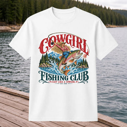 Cowgirl Riding Trout Fishing Club Graphic T-Shirt