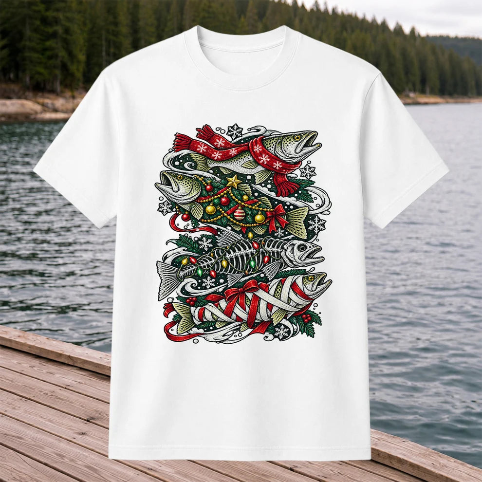 Christmas Trout and Fish Skeleton Holiday Fishing T-Shirt