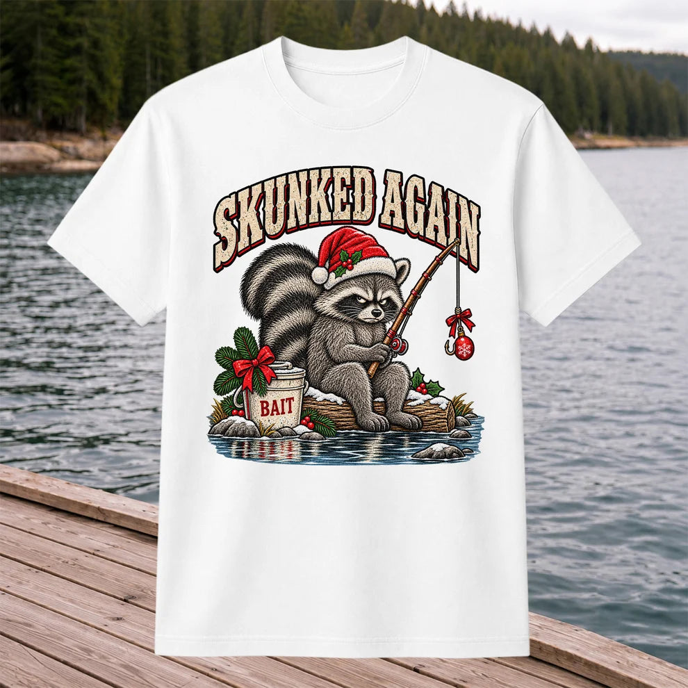 Skunked Again Raccoon Christmas Funny Fishing T-Shirt