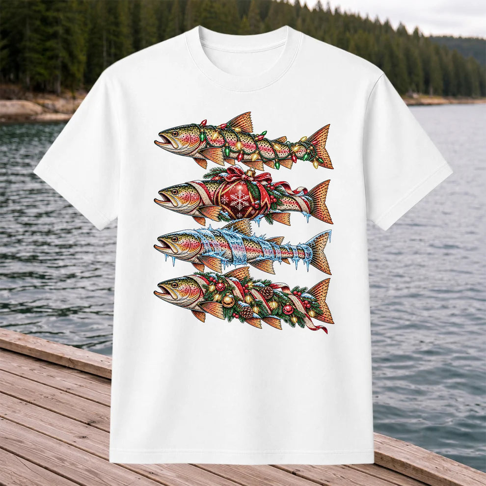 Christmas Rainbow Trout with Holiday Lights Fishing Graphic T-Shirt