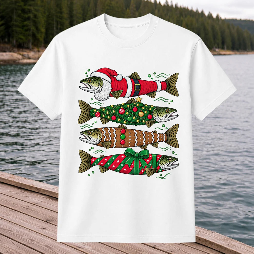 Christmas Trout Santa Tree and Gift Wrap Fishing T-Shirt