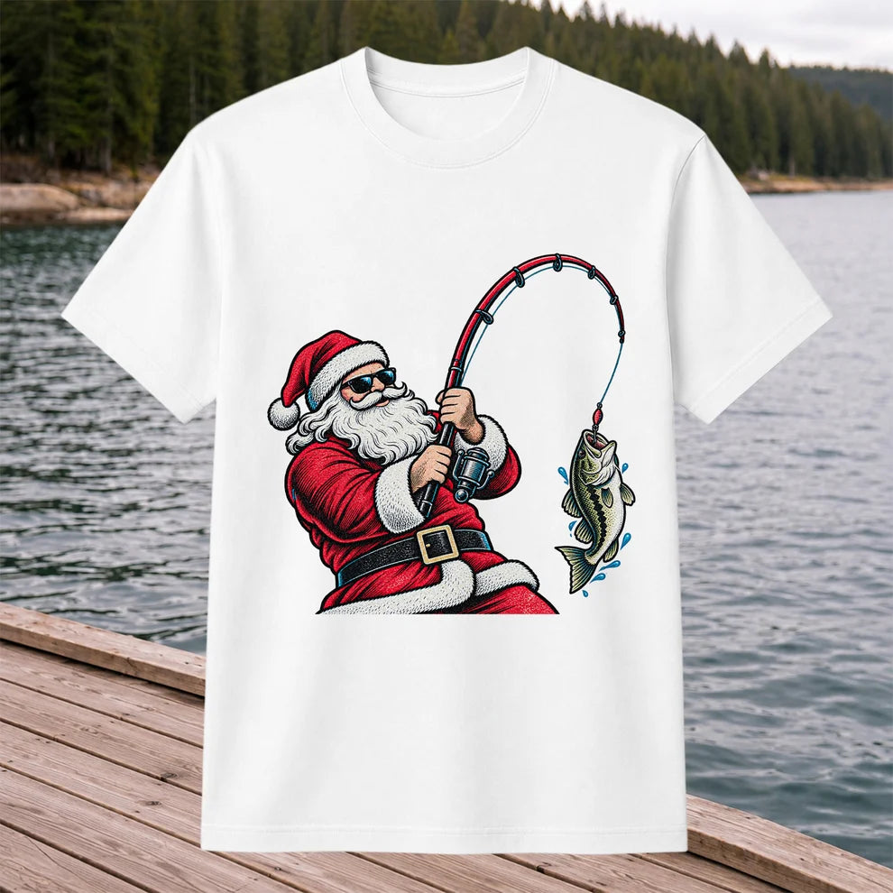 Santa Claus Catching a Bass Christmas Fishing Graphic T-Shirt