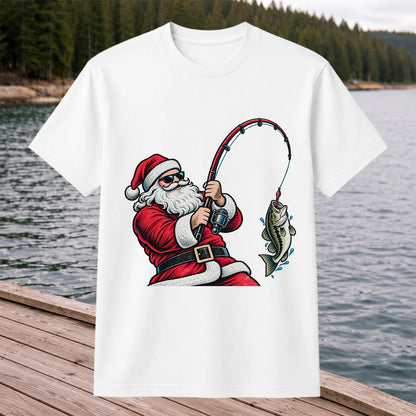 Santa Claus Catching a Bass Christmas Fishing Graphic T-Shirt