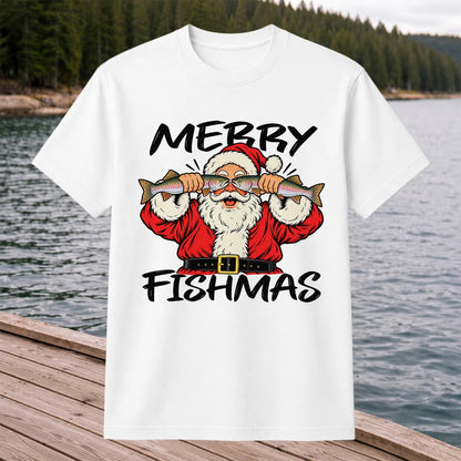 Merry Fishmas Santa Holding Rainbow Trout Christmas Fishing T-Shirt