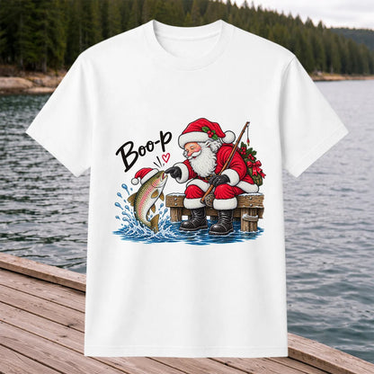 Santa Fishing for Rainbow Trout Christmas Graphic T-Shirt