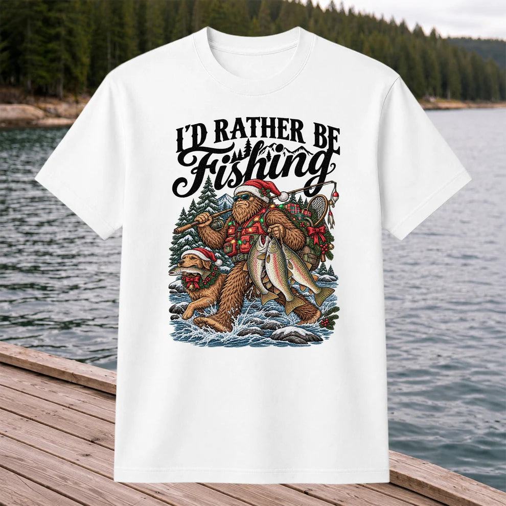 I'd Rather Be Fishing Bigfoot and Dog Christmas Fishing T-Shirt