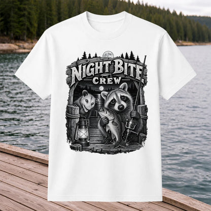 Night Bite Crew Raccoon and Bass Fishing Graphic T-Shirt