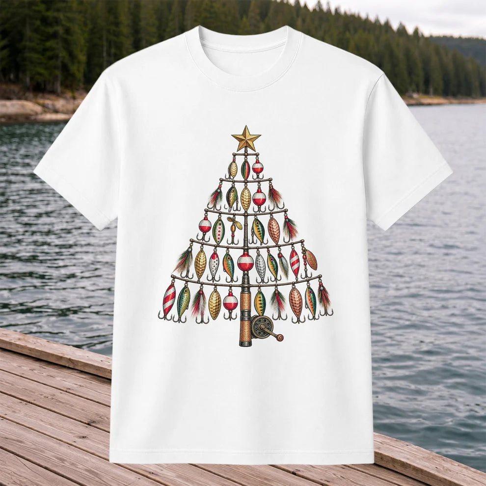 Fishing Lure Christmas Tree with Rod and Reel Graphic T-Shirt