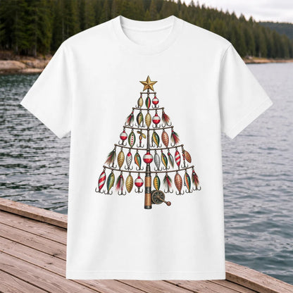 Fishing Lure Christmas Tree with Rod and Reel Graphic T-Shirt