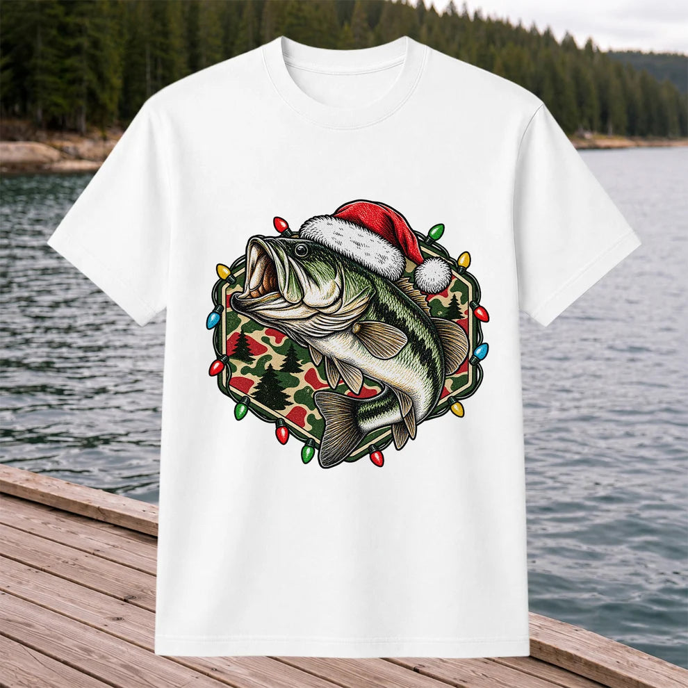 Santa Hat Largemouth Bass Christmas Fishing Graphic T-Shirt