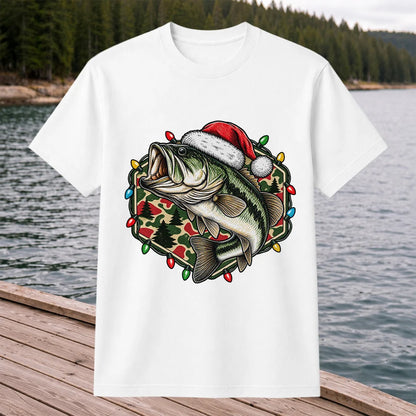 Santa Hat Largemouth Bass Christmas Fishing Graphic T-Shirt