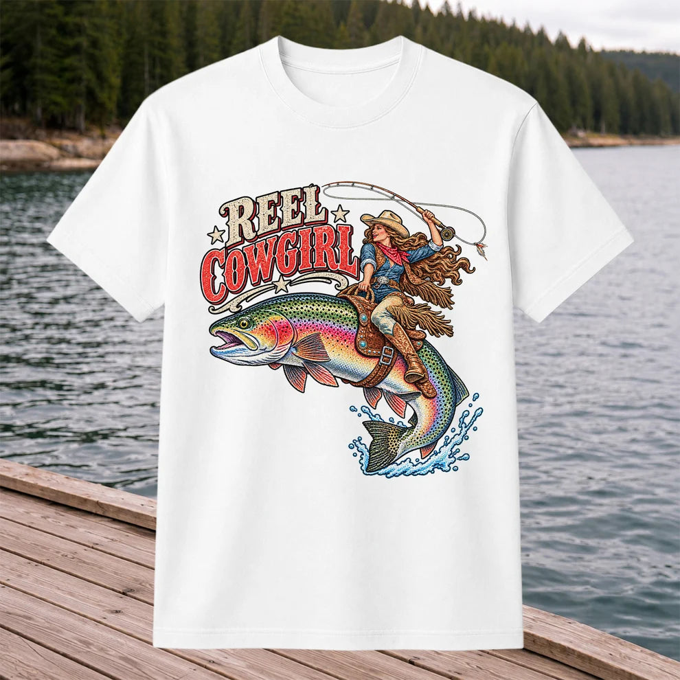 Reel Cowgirl Riding a Rainbow Trout Fly Fishing T-Shirt