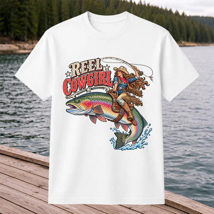 Reel Cowgirl Riding a Rainbow Trout Fly Fishing T-Shirt