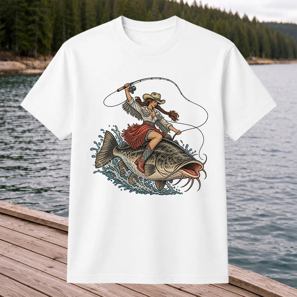 Cowgirl Riding a Largemouth Bass Fishing Graphic T-Shirt