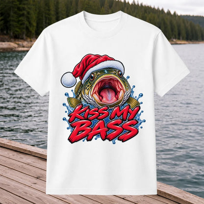 Kiss My Bass Santa Hat Funny Christmas Fishing T-Shirt