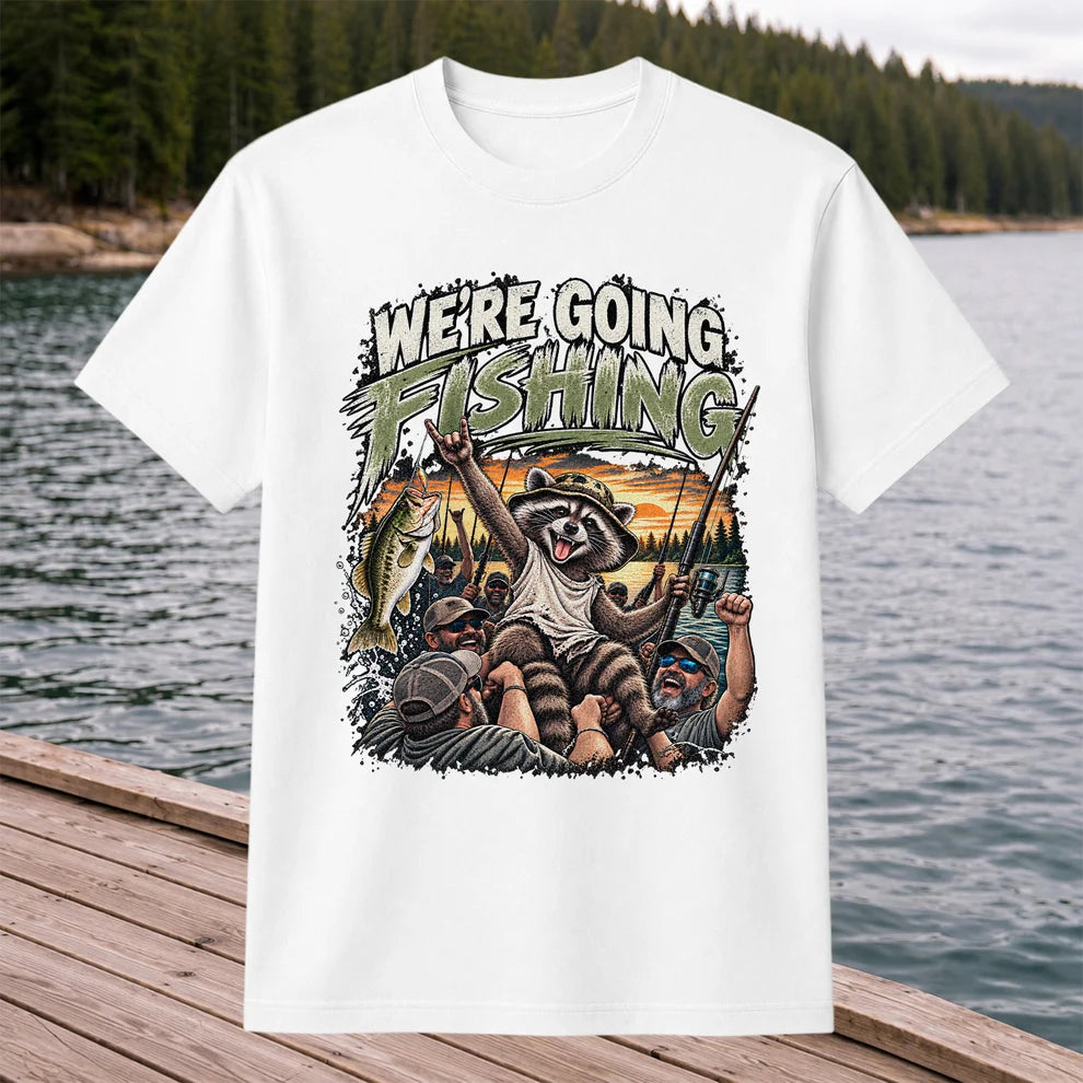 We're Going Fishing Raccoon Outdoor Fishing Graphic T-Shirt