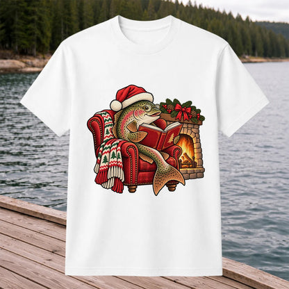 Christmas Trout Reading by the Fireplace Fishing T-Shirt
