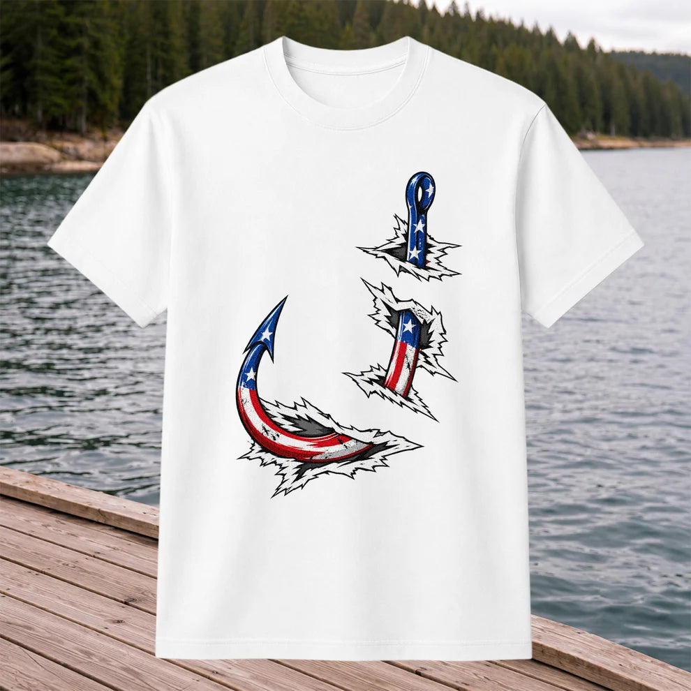 Patriotic American Flag Fishing Hooks Graphic T-Shirt
