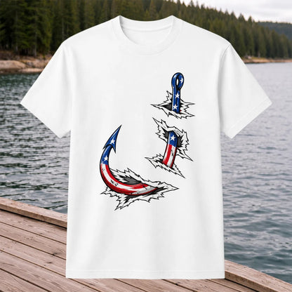 Patriotic American Flag Fishing Hooks Graphic T-Shirt