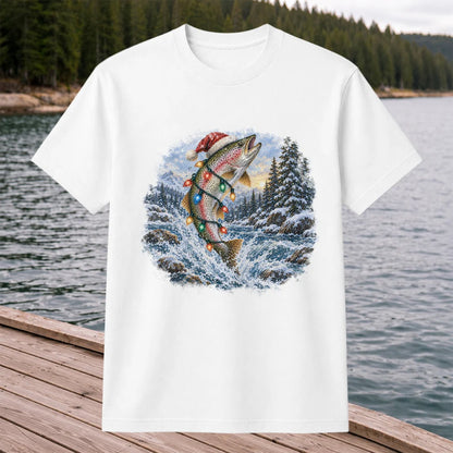 Santa Rainbow Trout with Christmas Lights Fishing T-Shirt