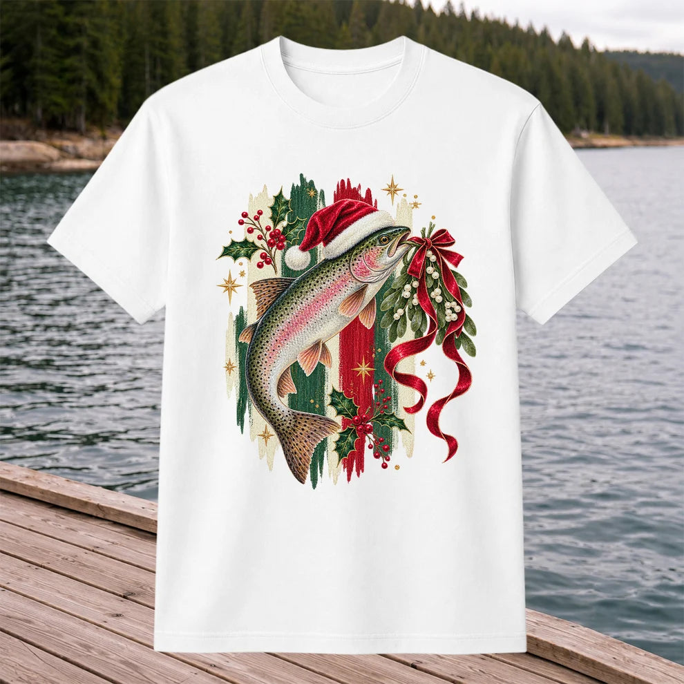 Christmas Santa Hat Rainbow Trout Fishing Graphic T-Shirt
